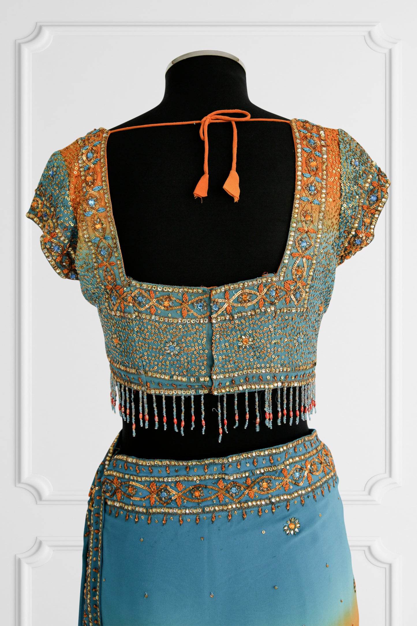 Bicolor Orange and Blue Embelished Saree Set