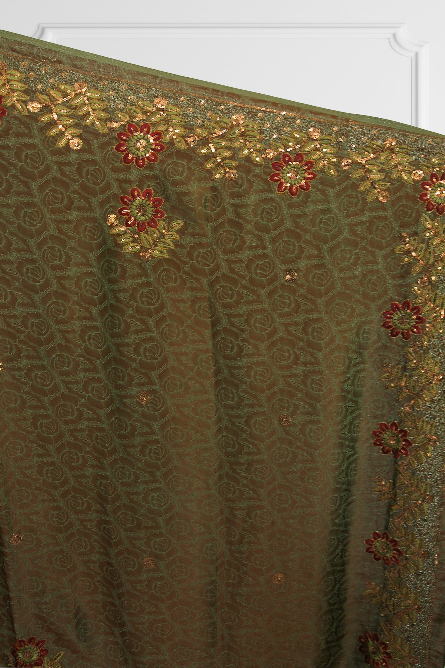 Olive Green Floral Embroidered Saree