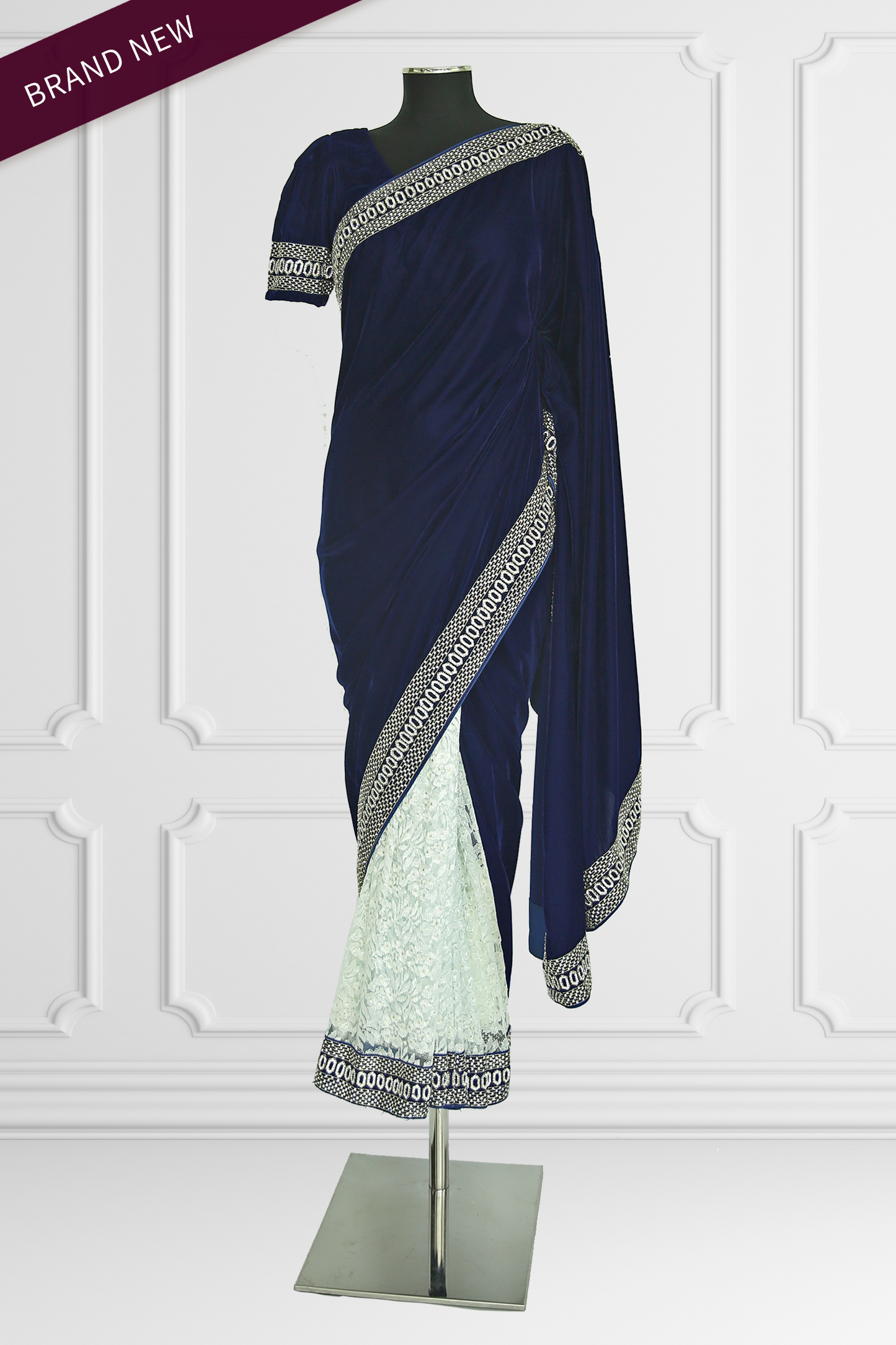 Navy Velvet and White Lace Saree Set