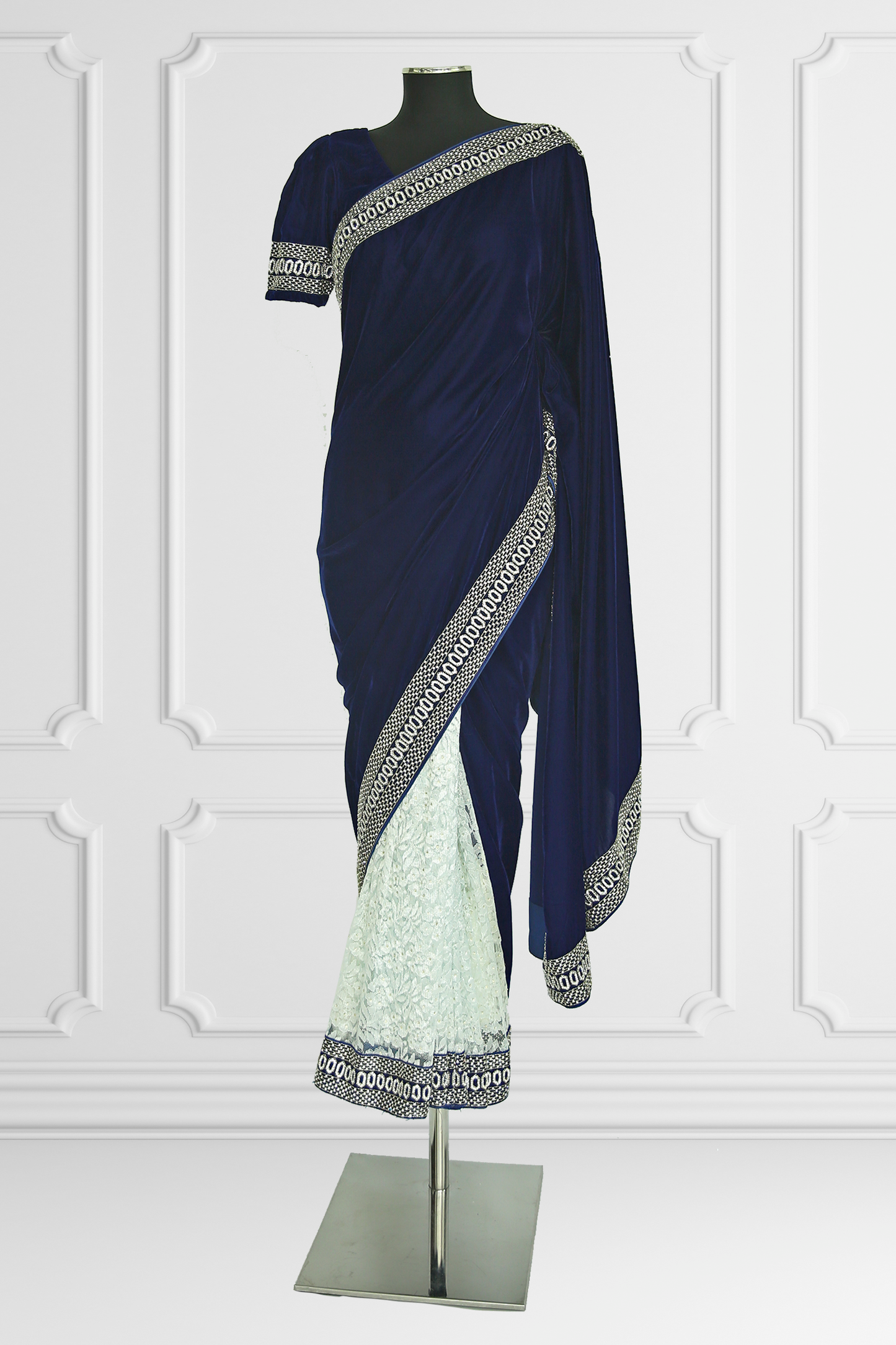 Navy Velvet and White Lace Saree Set