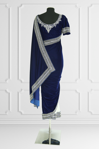 Navy Velvet and White Lace Saree Set