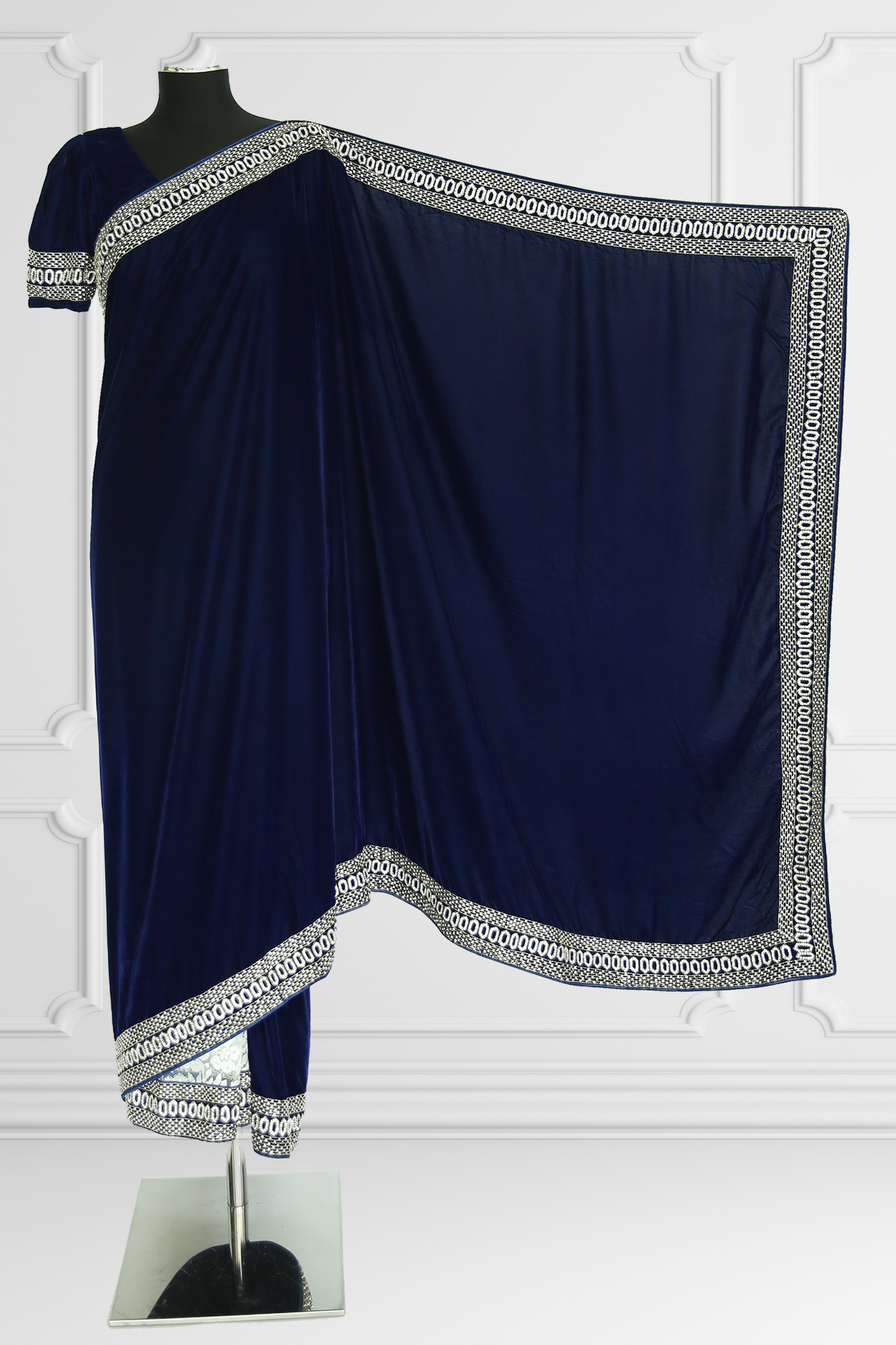 Navy Velvet and White Lace Saree Set