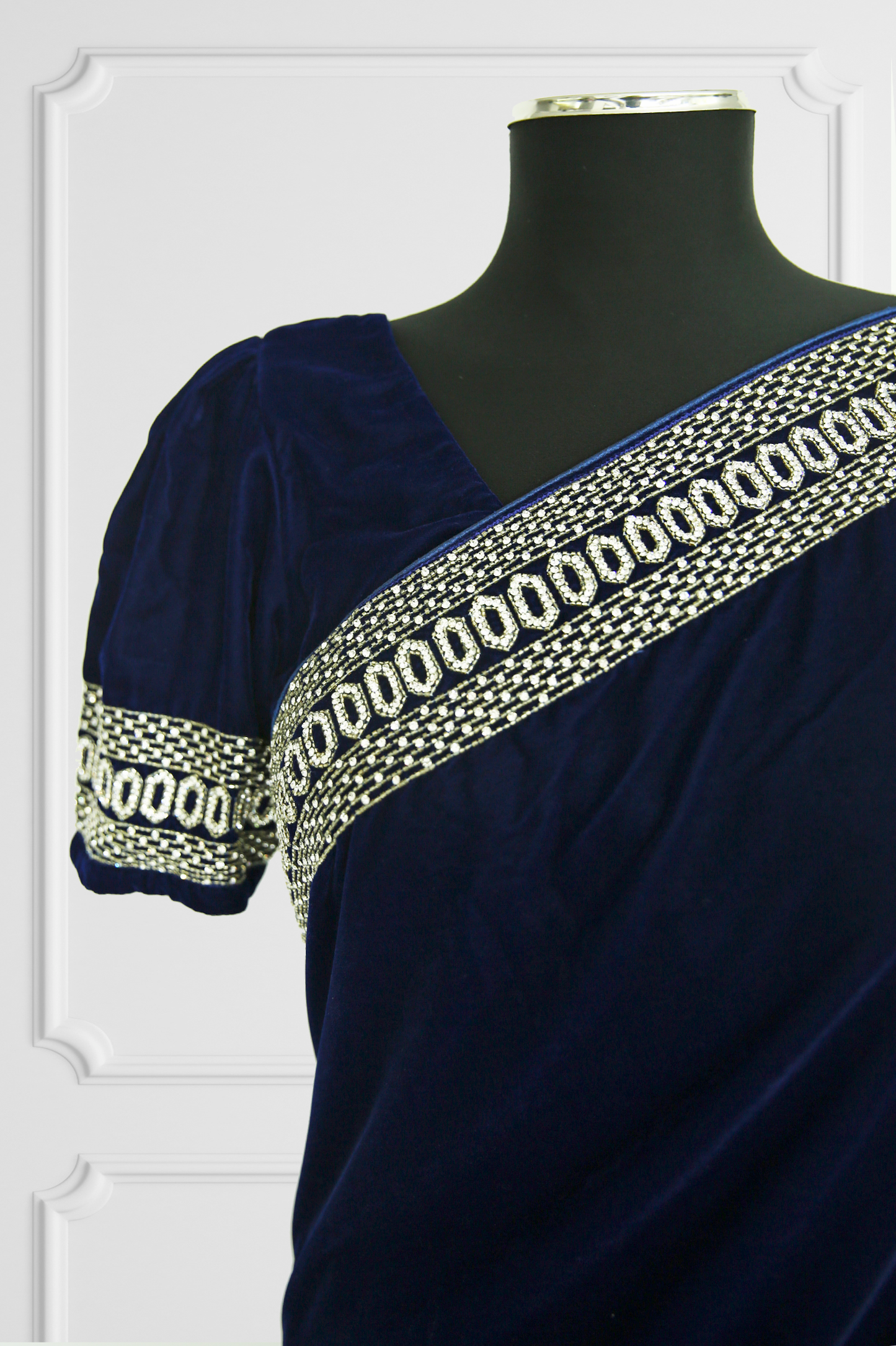 Navy Velvet and White Lace Saree Set