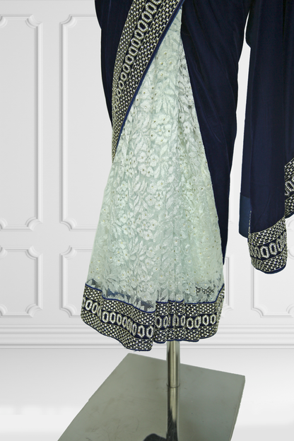 Navy Velvet and White Lace Saree Set