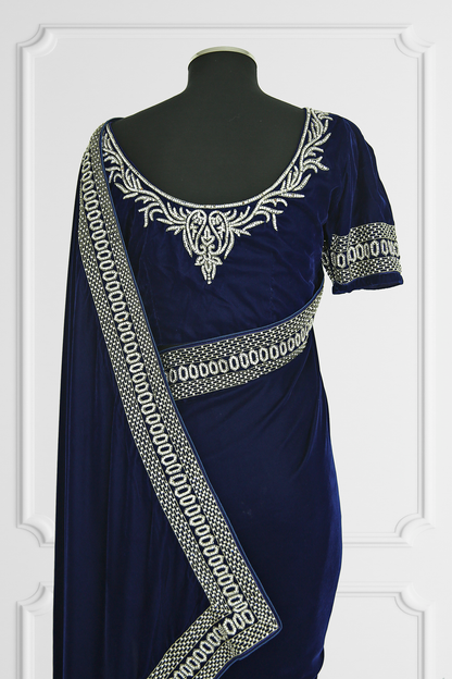 Navy Velvet and White Lace Saree Set