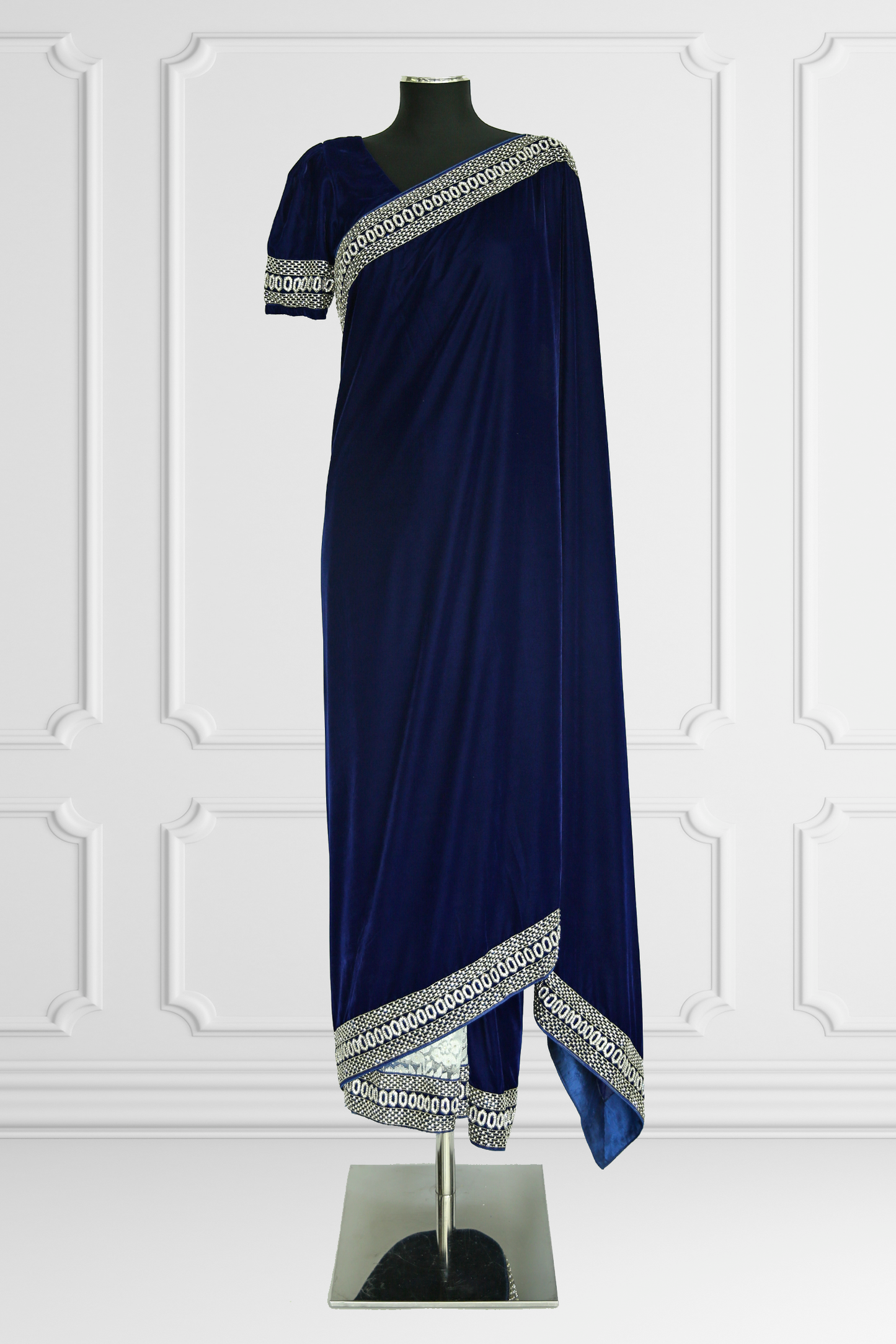 Navy Velvet and White Lace Saree Set