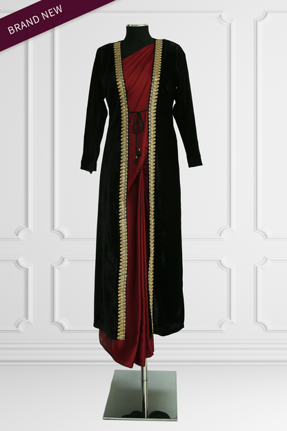 Plain Burgundy Saree with Velvet Coat