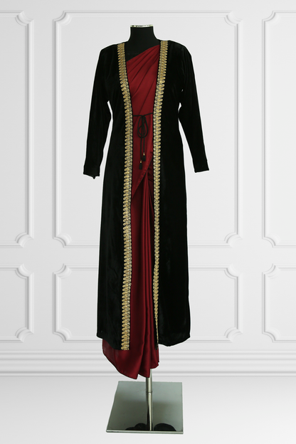 Plain Burgundy Saree with Velvet Coat