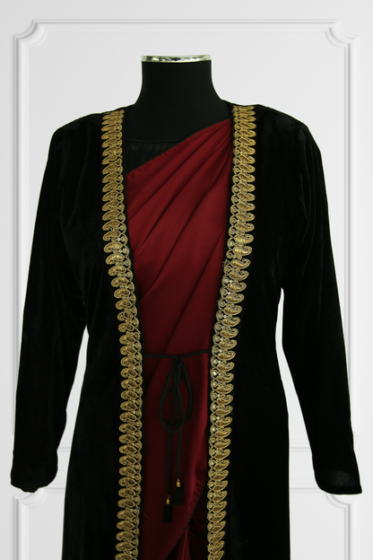 Plain Burgundy Saree with Velvet Coat