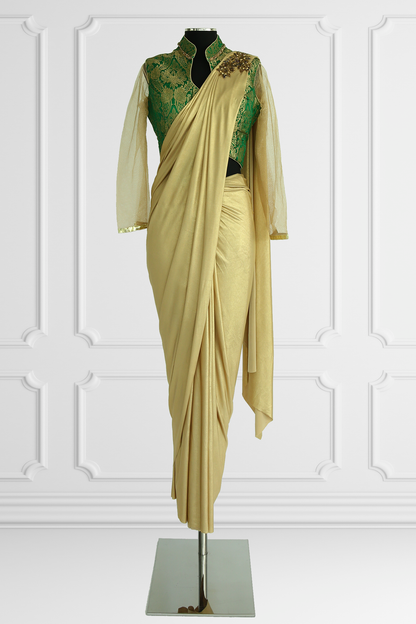 Ready Made Gold Saree with Green Blouse