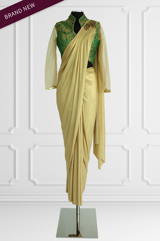 Ready Made Gold Saree with Green Blouse