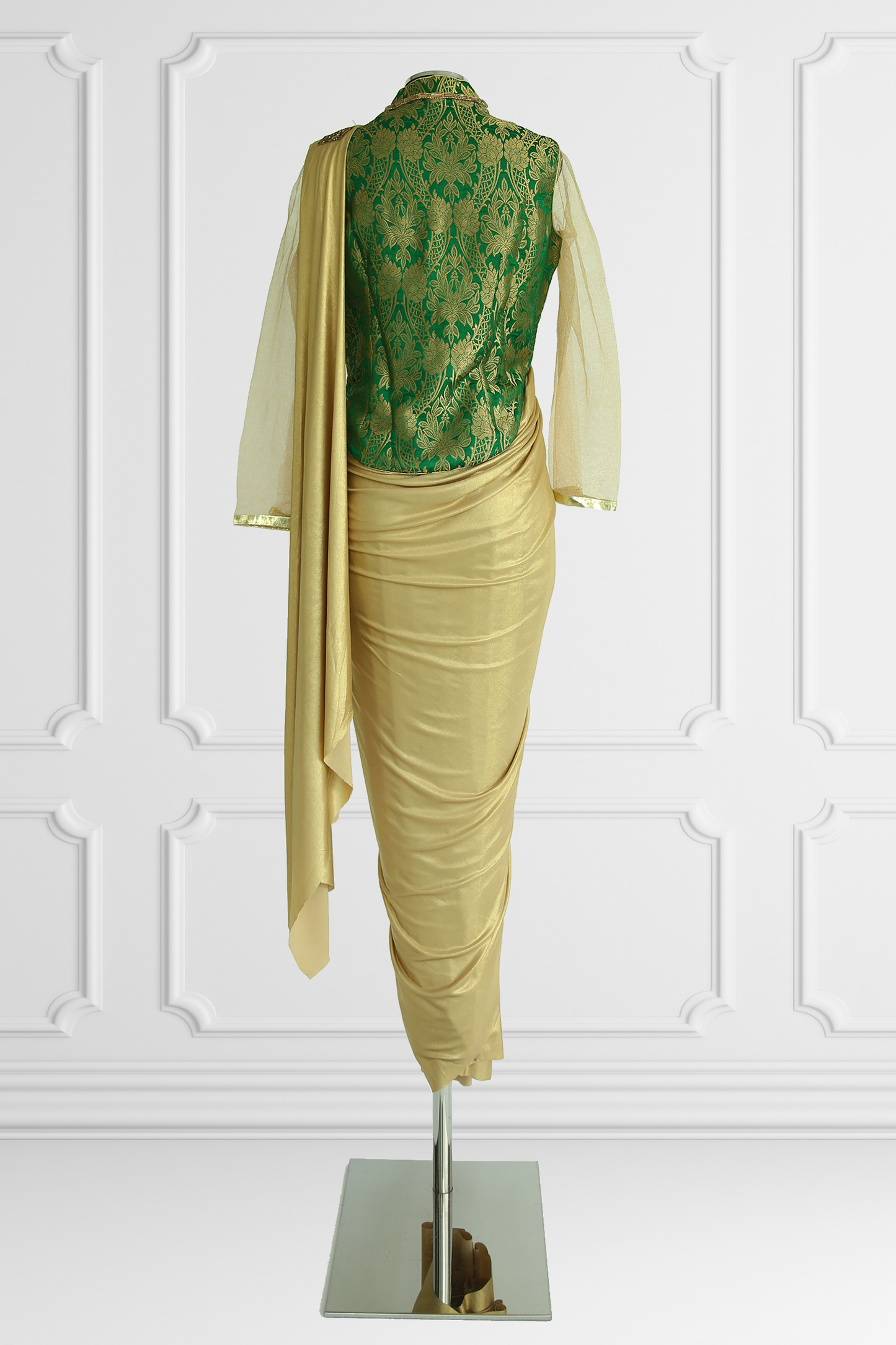 Ready Made Gold Saree with Green Blouse