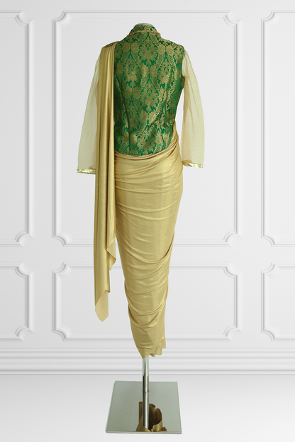 Ready Made Gold Saree with Green Blouse