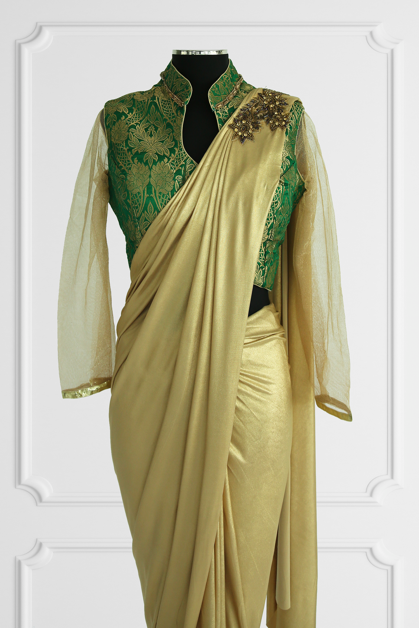 Ready Made Gold Saree with Green Blouse