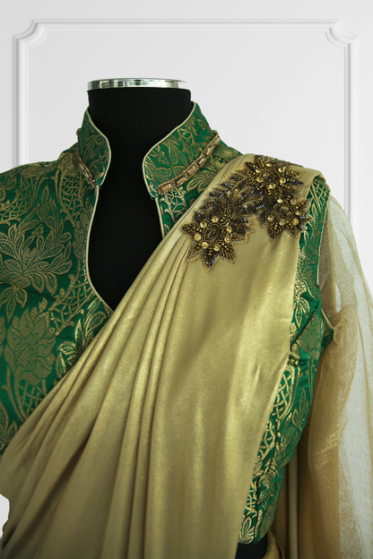 Ready Made Gold Saree with Green Blouse