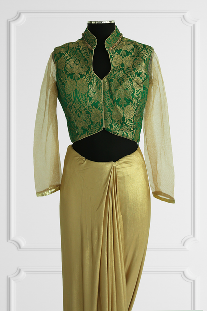 Ready Made Gold Saree with Green Blouse