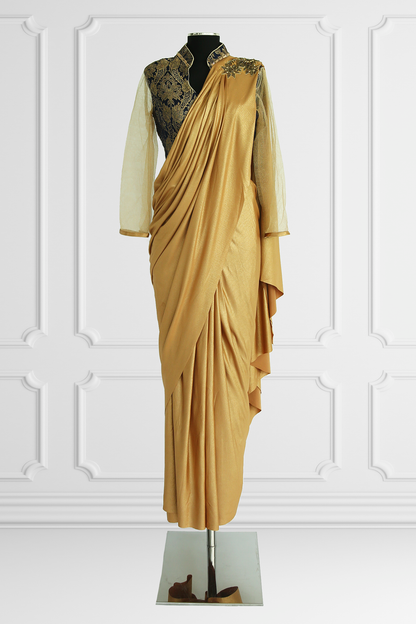 Ready Made Gold Saree with Navy Blouse