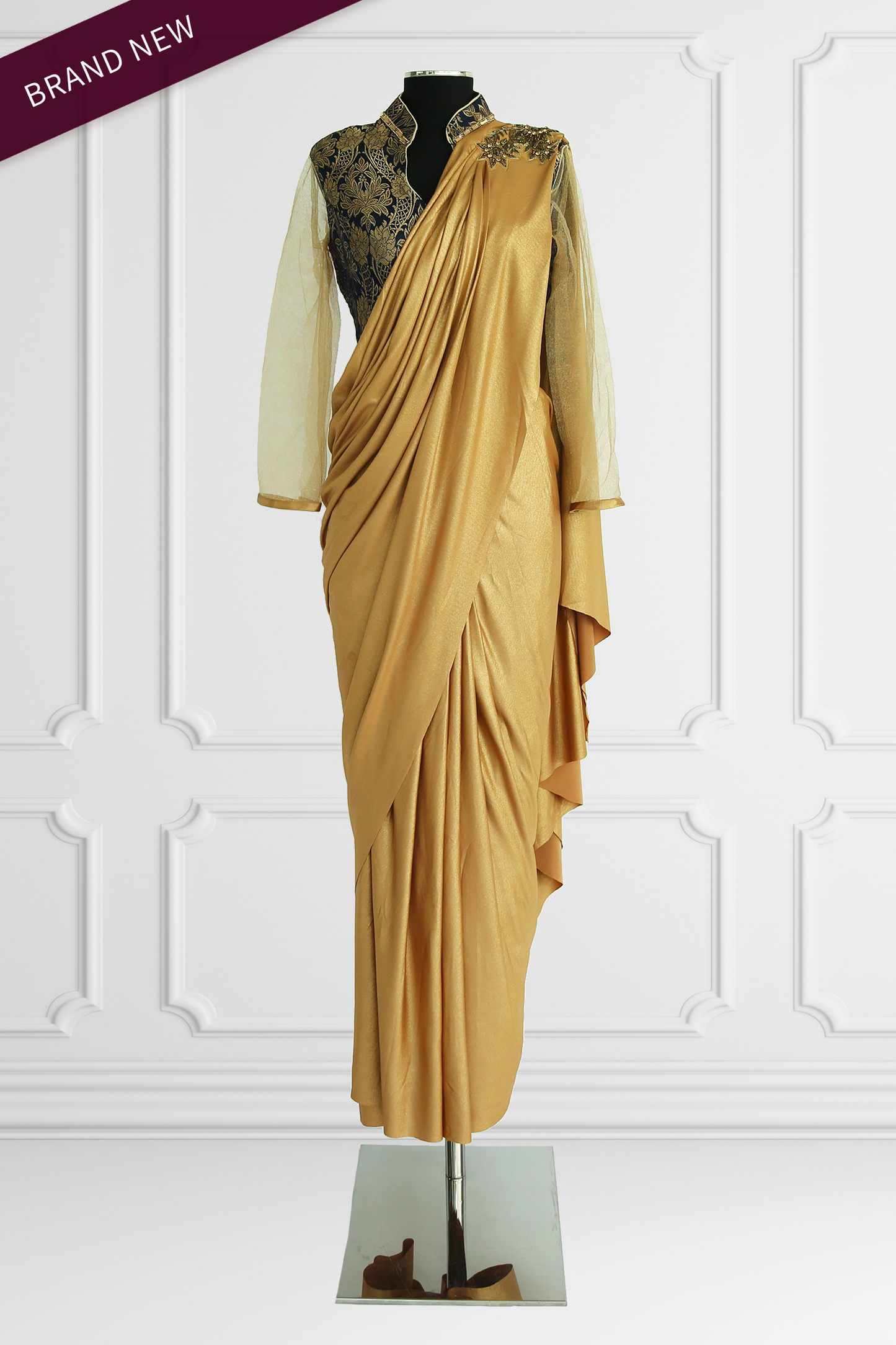 Ready Made Gold Saree with Navy Blouse