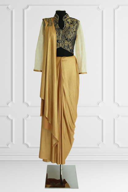 Ready Made Gold Saree with Navy Blouse