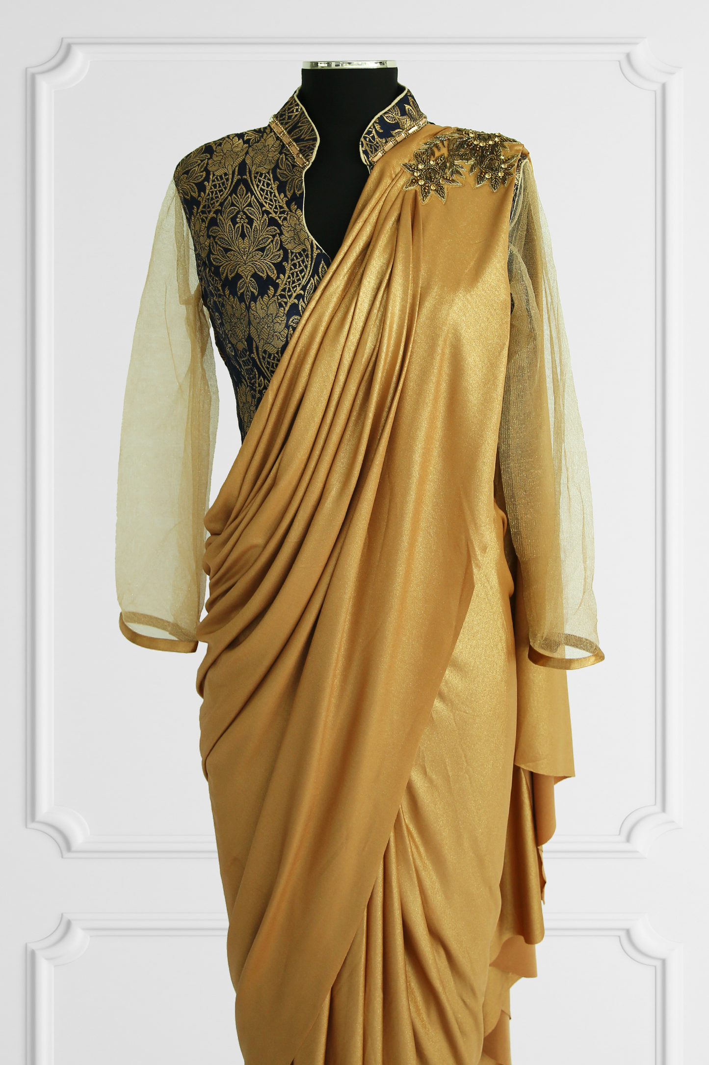 Ready Made Gold Saree with Navy Blouse