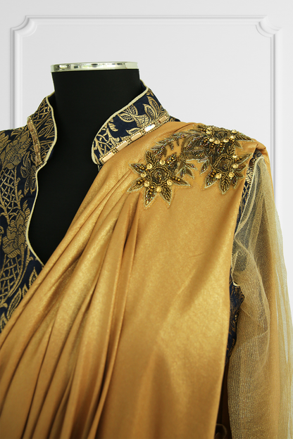 Ready Made Gold Saree with Navy Blouse