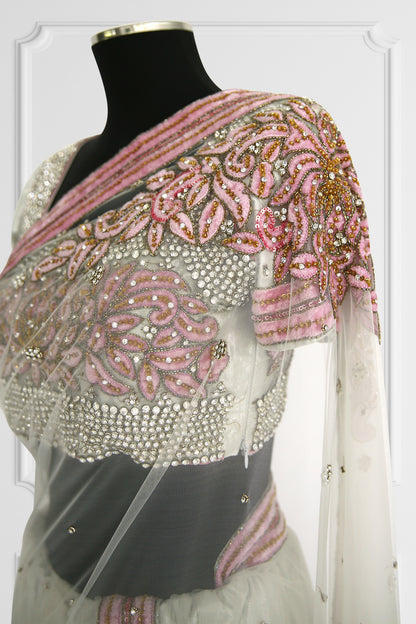 Silver and Pink Tule Saree Set