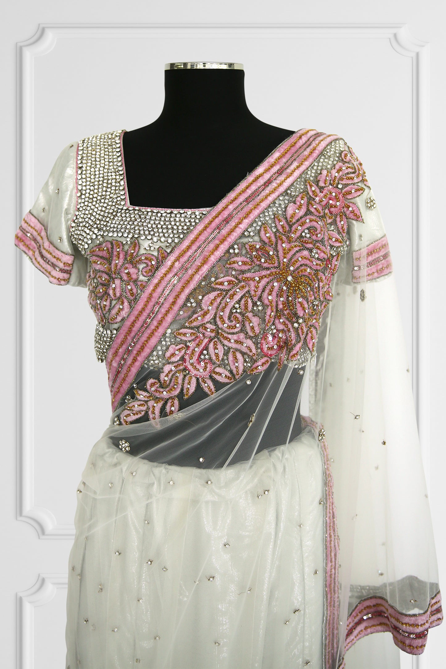 Silver and Pink Tule Saree Set