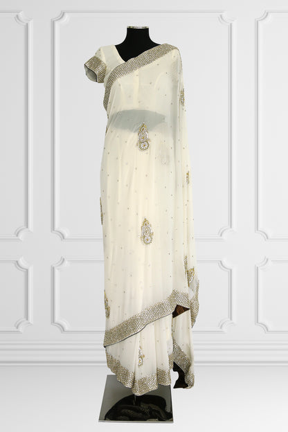 White Embroidered Saree Set