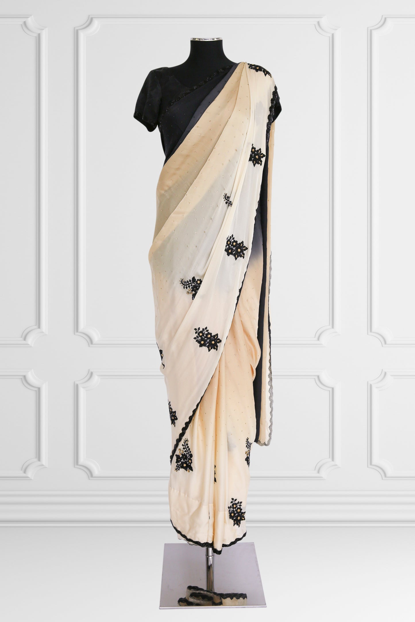 Beige and Black Saree Set