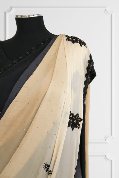 Beige and Black Saree Set