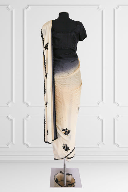 Beige and Black Saree Set