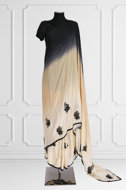 Beige and Black Saree Set