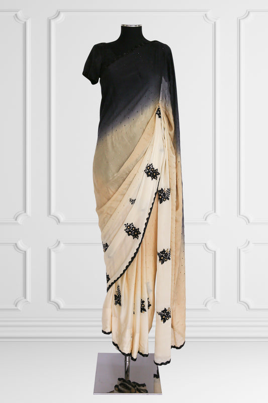 Beige and Black Saree Set