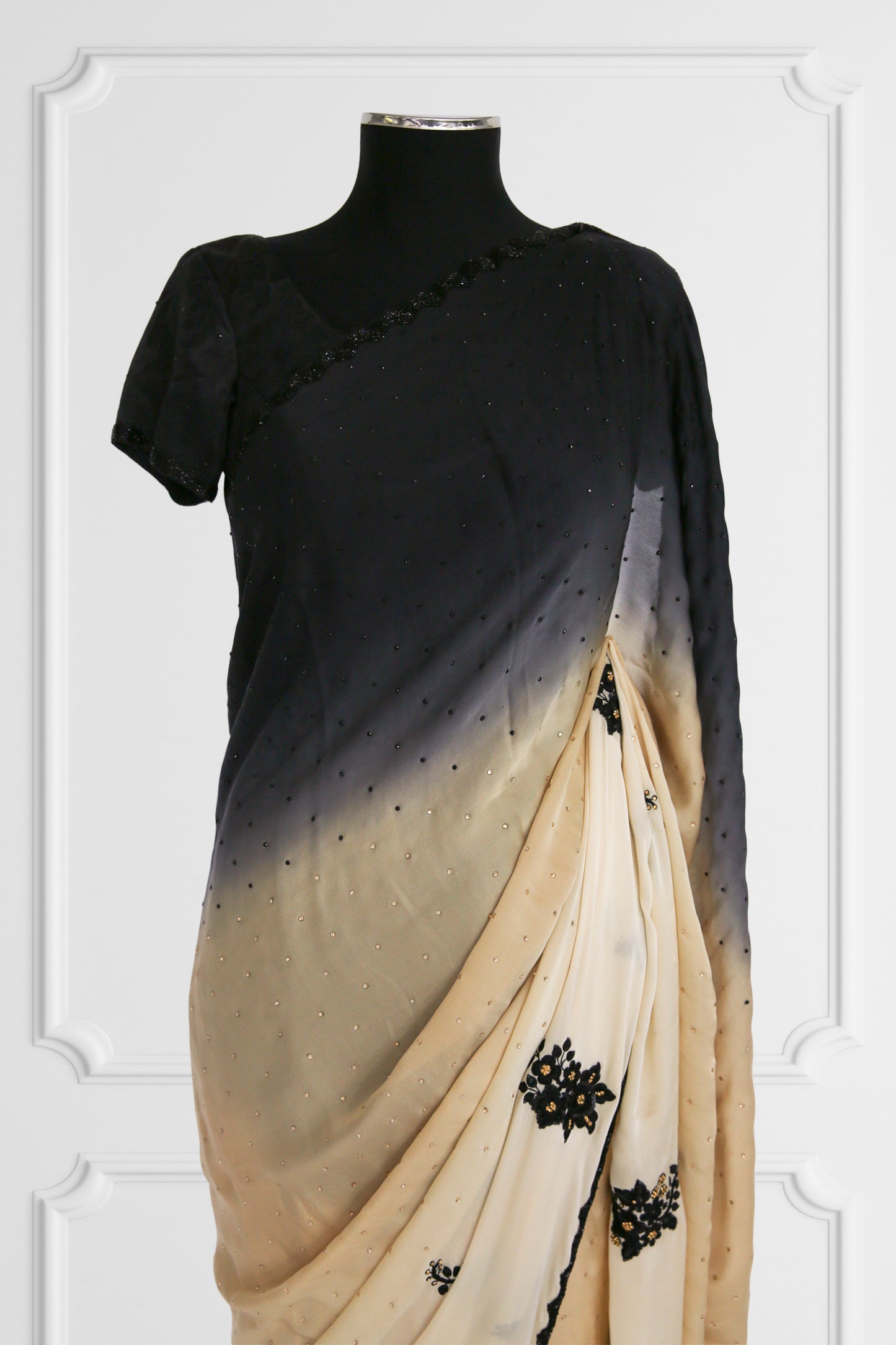 Beige and Black Saree Set