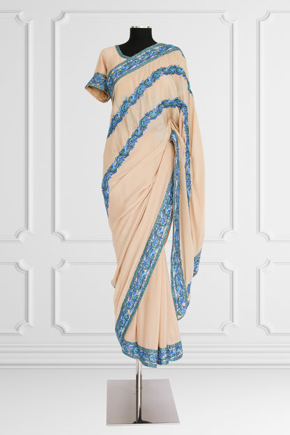 Beige with Blue Embroidery Saree Set