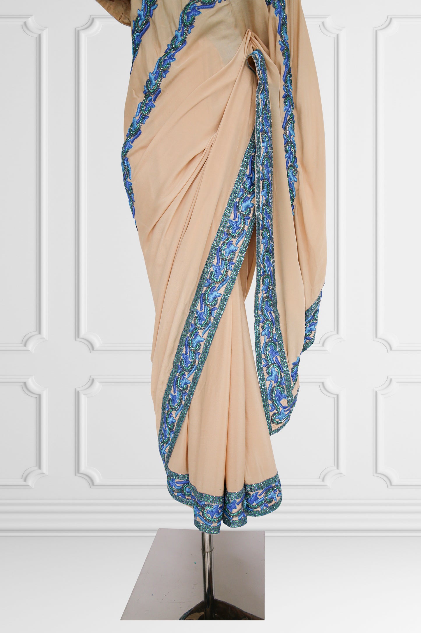 Beige with Blue Embroidery Saree Set