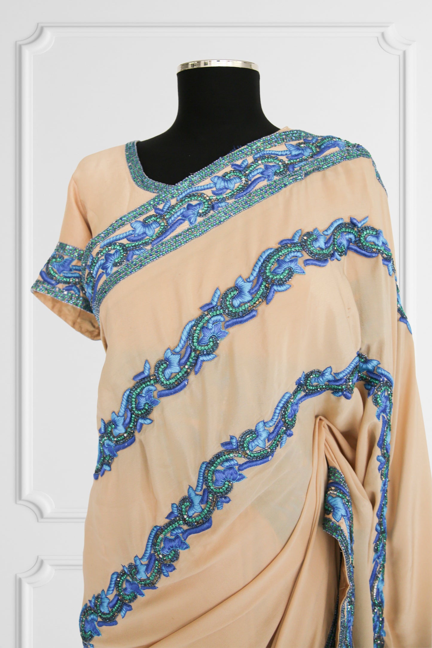 Beige with Blue Embroidery Saree Set