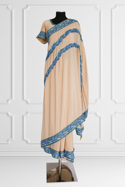 Beige with Blue Embroidery Saree Set