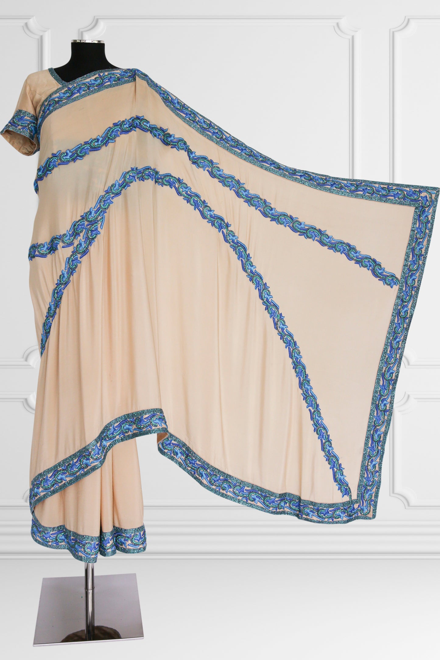 Beige with Blue Embroidery Saree Set