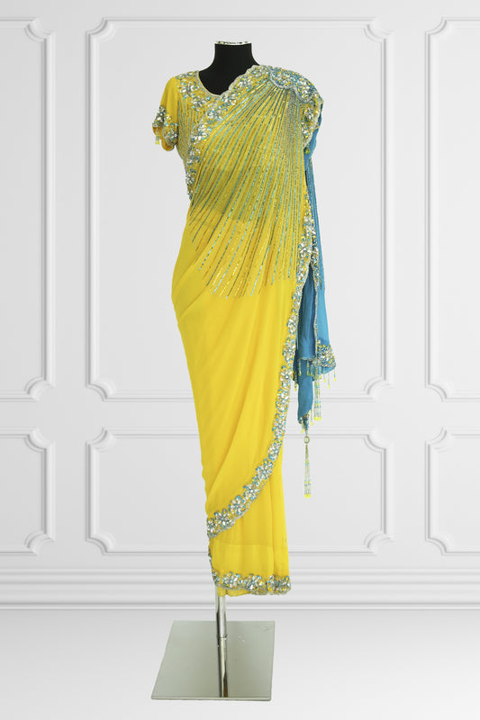 Bicolor Blue and Yellow Heavy Embelishes Saree Set