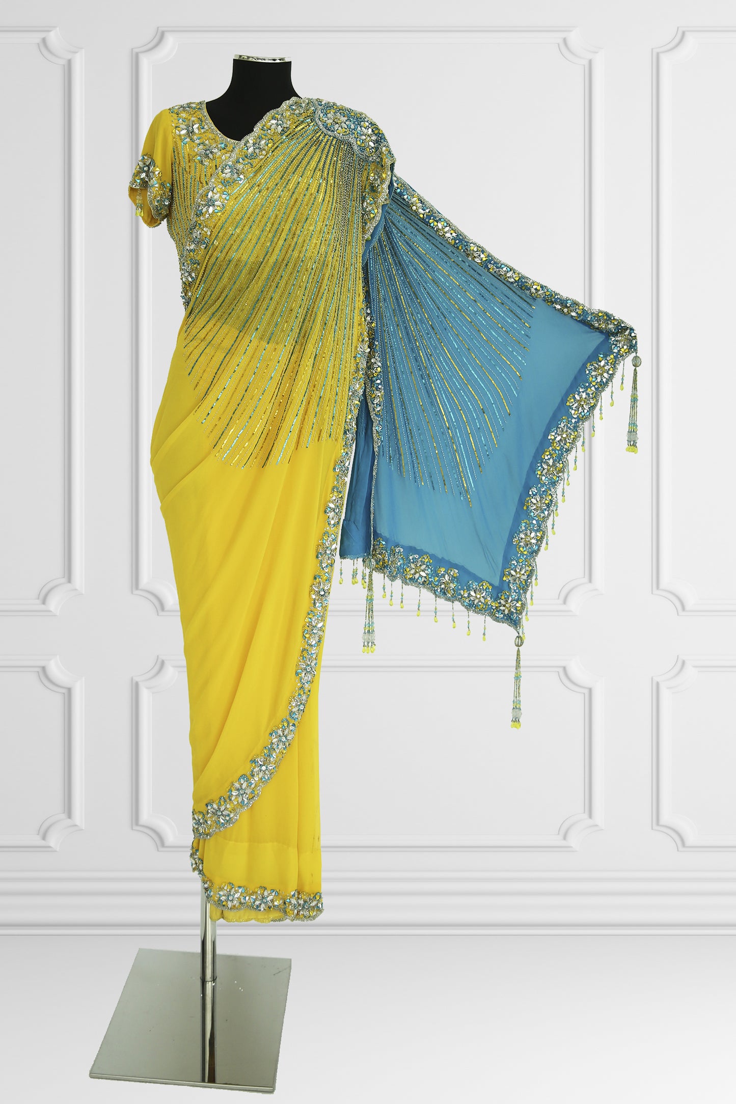 Bicolor Blue and Yellow Heavy Embelishes Saree Set