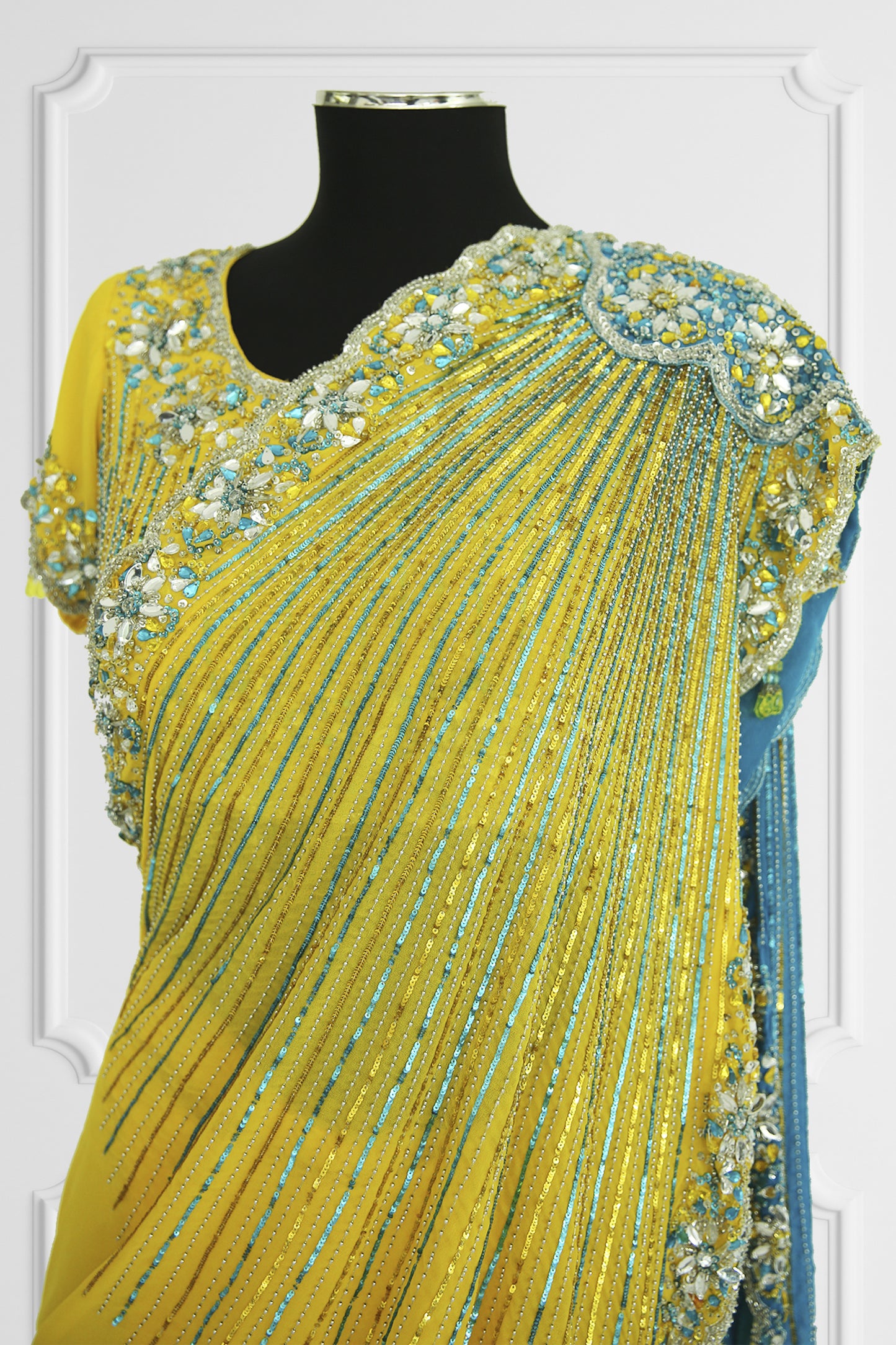Bicolor Blue and Yellow Heavy Embelishes Saree Set