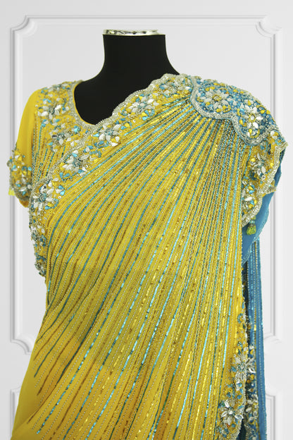 Bicolor Blue and Yellow Heavy Embelishes Saree Set
