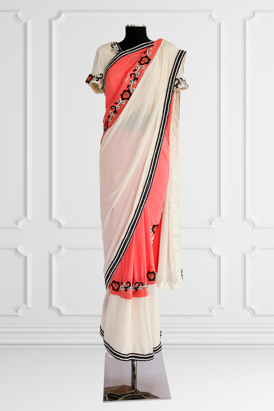 Bicolor Cream and Coral Saree Set