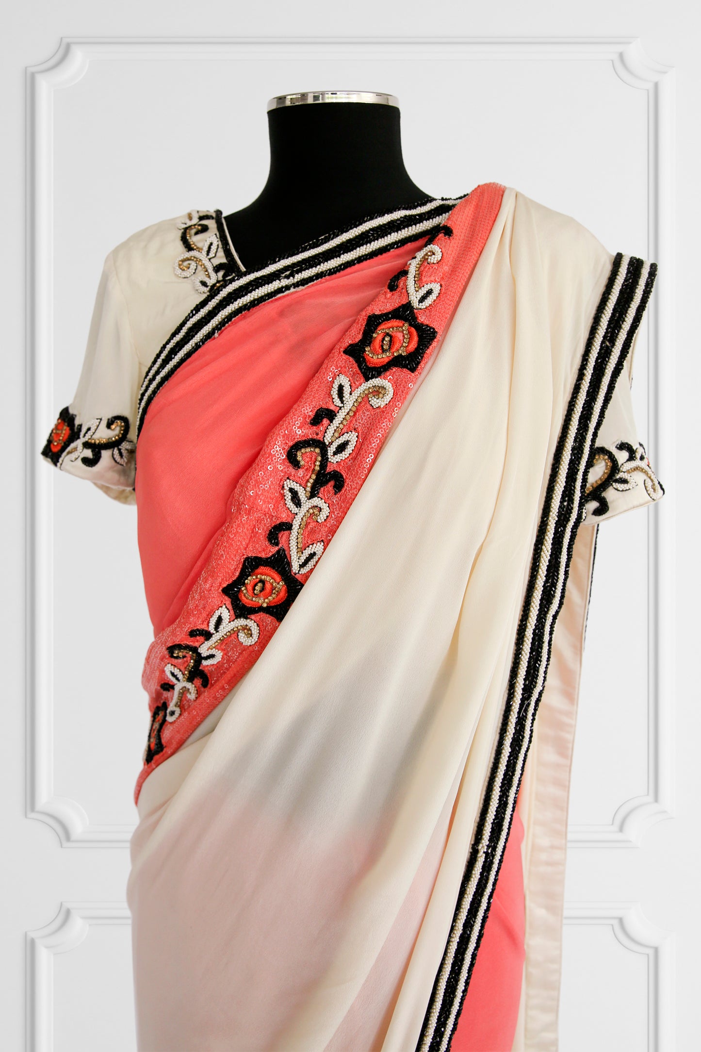 Bicolor Cream and Coral Saree Set