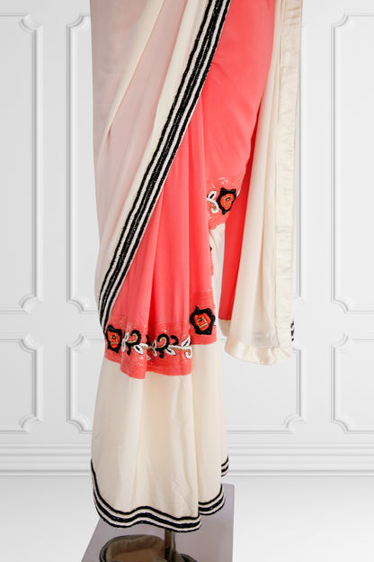 Bicolor Cream and Coral Saree Set