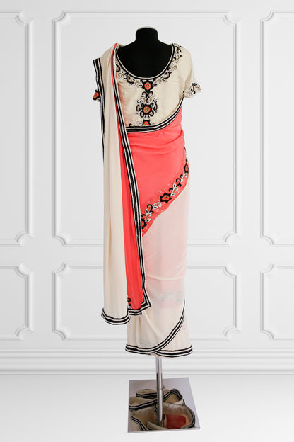 Bicolor Cream and Coral Saree Set