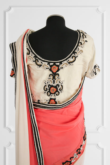 Bicolor Cream and Coral Saree Set