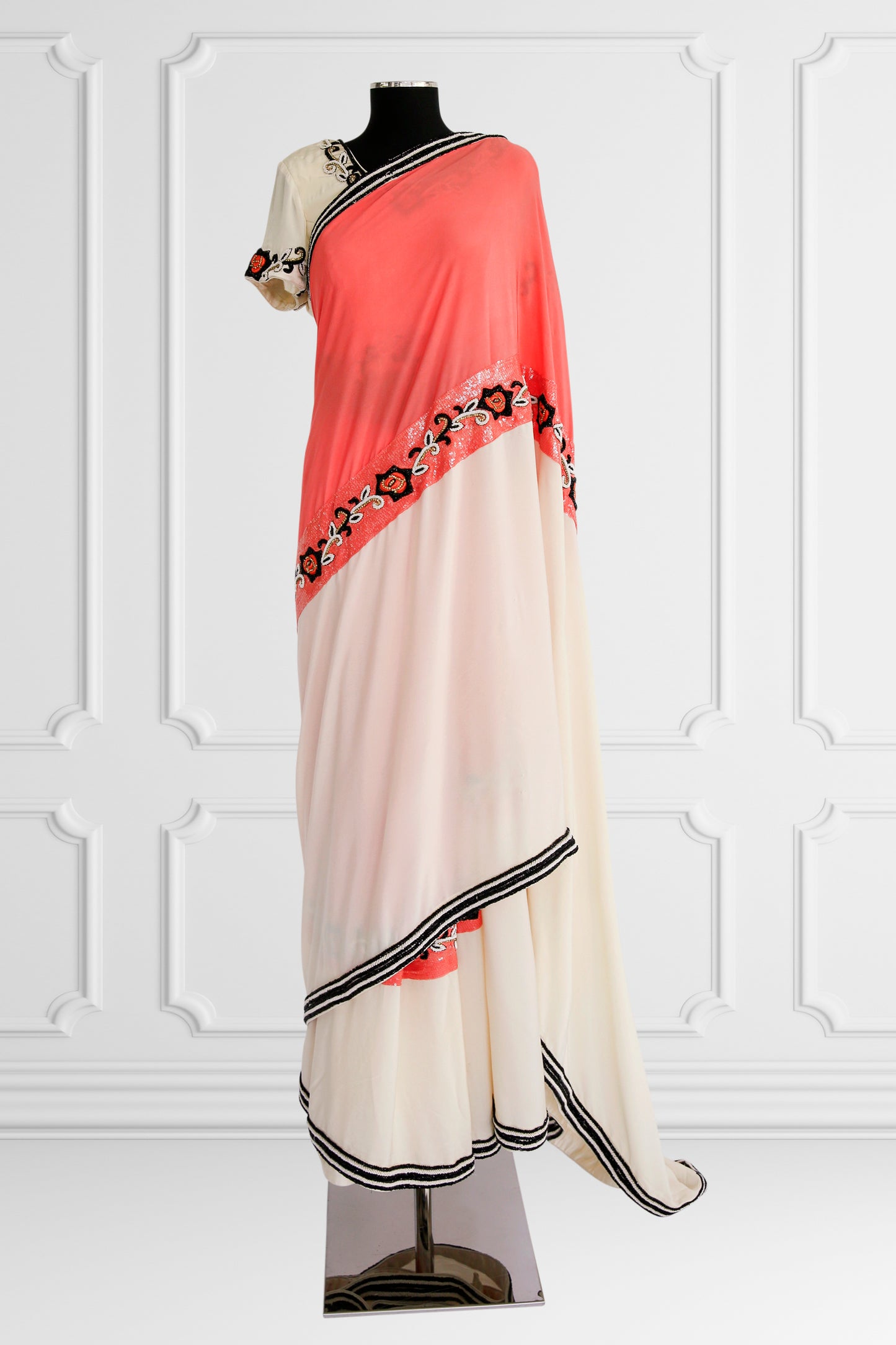 Bicolor Cream and Coral Saree Set