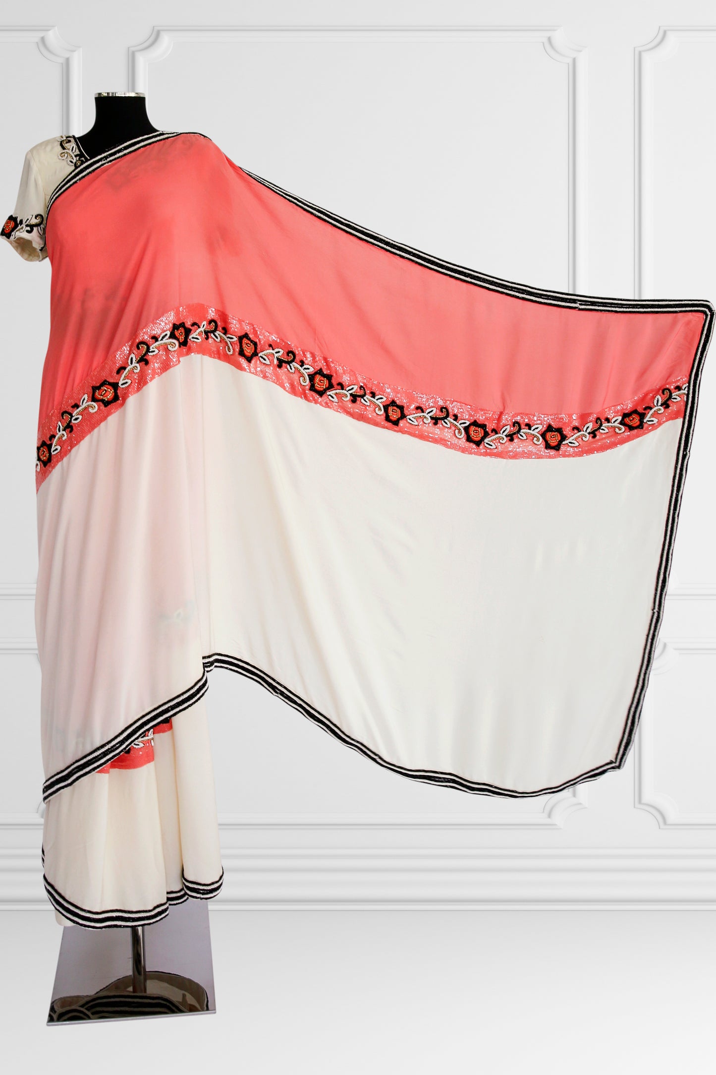 Bicolor Cream and Coral Saree Set